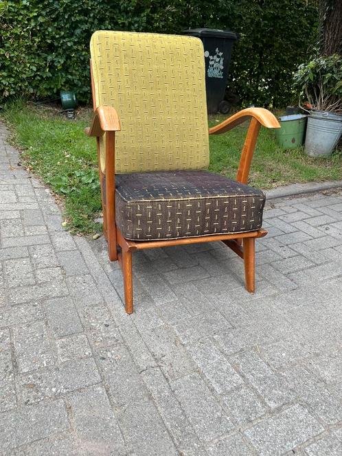 Fauteuil jaren 50-60 geel bruin vintage retro midcentury 125, Huis en Inrichting, Fauteuils, Gebruikt, Hout, Stof, 50 tot 75 cm