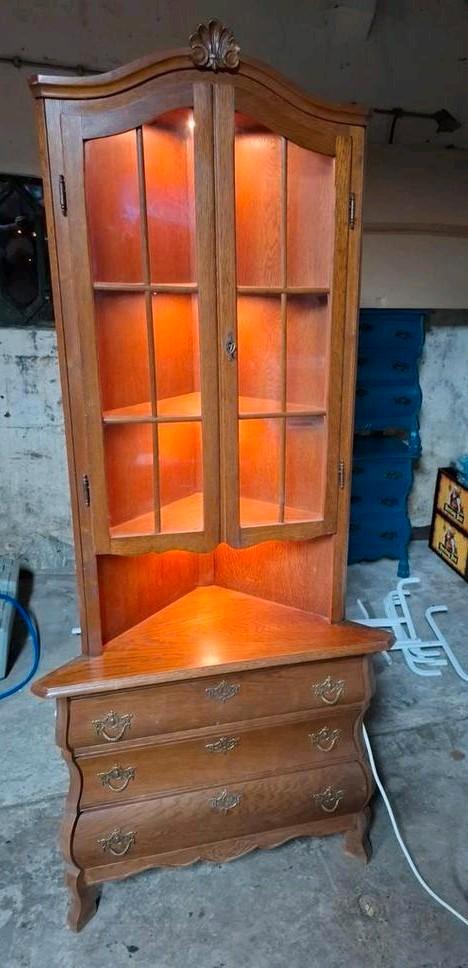 Mooi antiek eiken hoek buikkastje met glazen deuren, Huis en Inrichting, Kasten | Vitrinekasten, Gebruikt, 150 tot 200 cm, 50 tot 100 cm