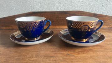 2 Lomonosov kop en schotels, blauw/goud per stuk: beschikbaar voor biedingen