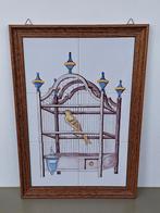 vintage antiek tableau kanarie vogeltje in vogelkooi 32×45cm, Ophalen of Verzenden