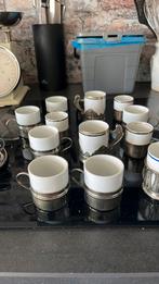 Porseleinen koffiekopjes in metalen houder 12stuks, Ophalen of Verzenden