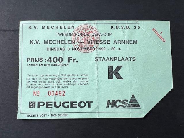 Oud Voetbal kaartje UEFA Cup KV mechelen - Vitesse 3 nov 92, Verzamelen, Sportartikelen en Voetbal, Ophalen of Verzenden, Gebruikt