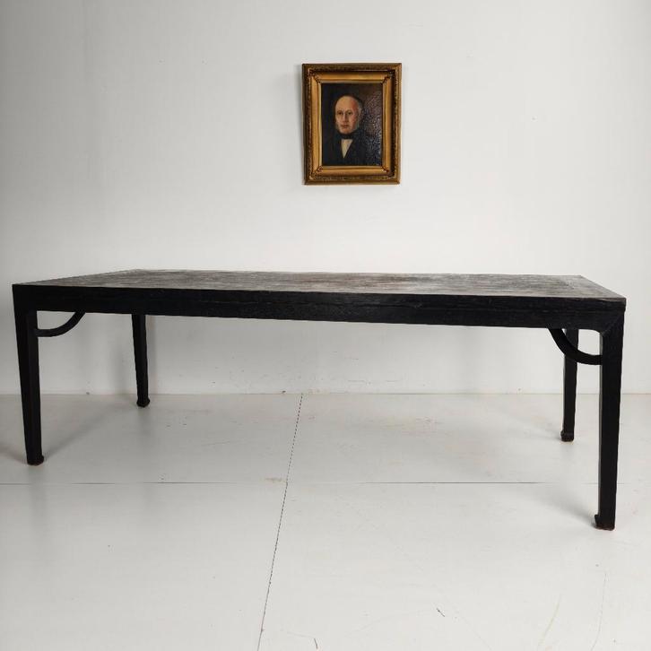 Zwarte Chinese Qing-eettafel 230 cm –18e-eeuw, origineel lak, Antiek en Kunst, Antiek | Meubels | Tafels, Ophalen of Verzenden