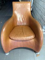 Montis Bugatti Cognac Lederen Relaxfauteuil + Hocker, Ophalen, Gebruikt, Leer, 75 tot 100 cm