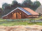 Schilderij van boerderij/schuren 39781, Ophalen of Verzenden, Gebruikt, Schilderij, 75 cm of meer