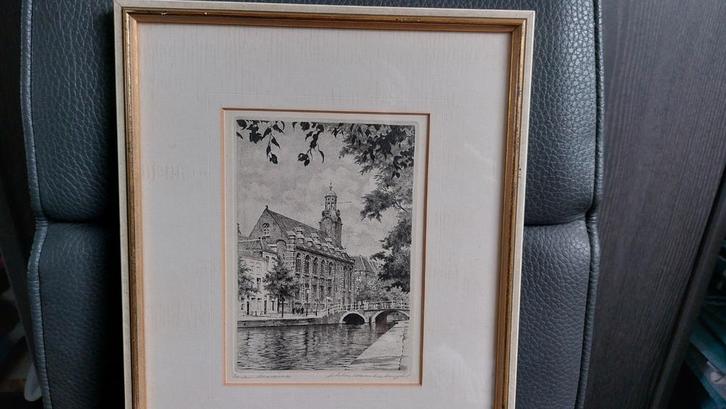 Oude ets Academie Leiden Maarten Langbroek -goud/creme lijst, Antiek en Kunst, Kunst | Etsen en Gravures, Ophalen