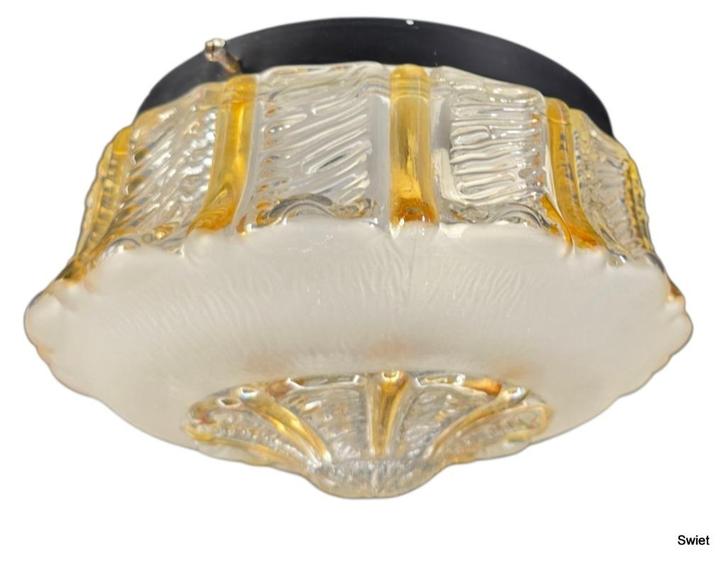 2272 vintage glazen plafonniere amberkleurig glas 14x23, Huis en Inrichting, Lampen | Plafondlampen, Gebruikt, Glas, Ophalen of Verzenden