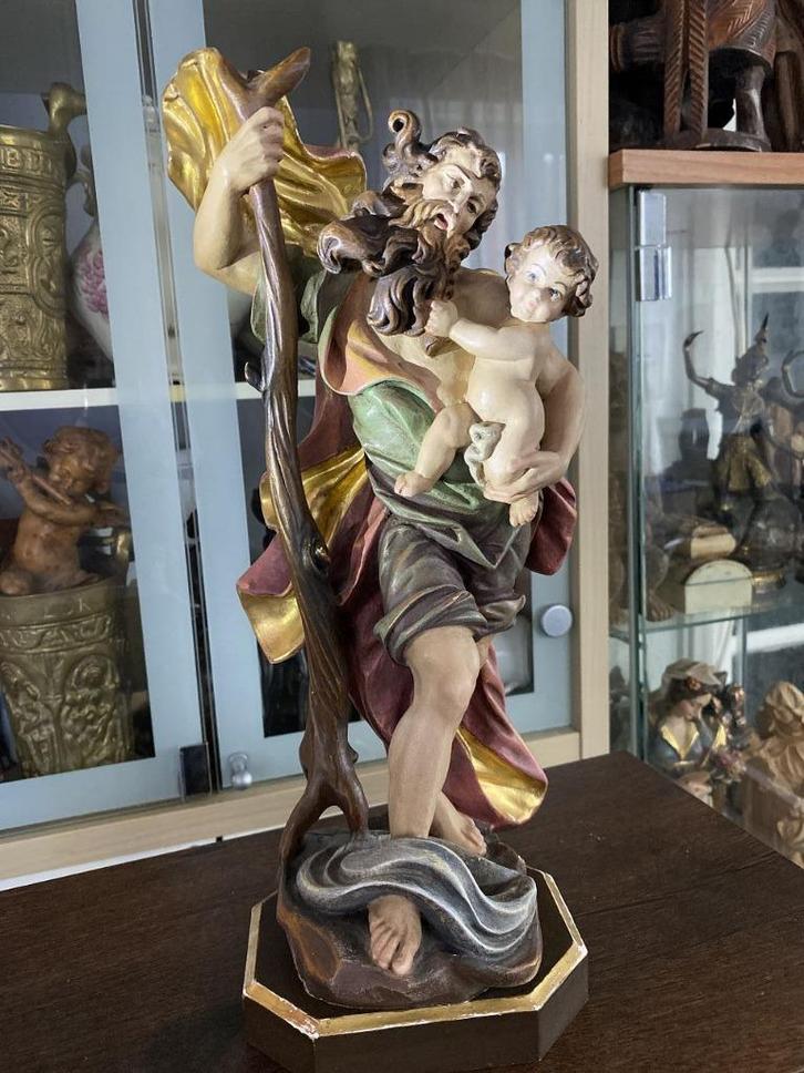 Polychroom houten beeld van Sint-Christoffel 40 cm, Antiek en Kunst, Kunst | Beelden en Houtsnijwerken, Ophalen of Verzenden