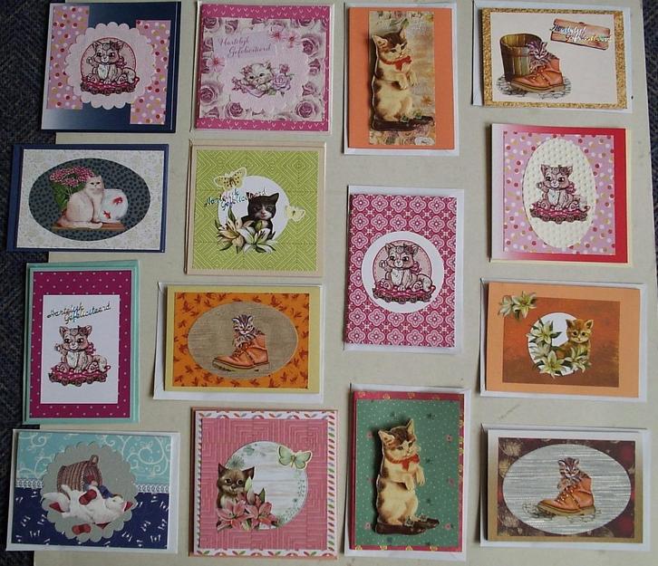 Set van 15x zelfgemaakte wenskaarten met poezen (s), Hobby en Vrije tijd, Kaarten | Zelfgemaakt, Nieuw, Overige thema's, Verzenden