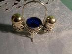 verzilverd peper zout set met standaard en blauw glas, Antiek en Kunst, Ophalen of Verzenden