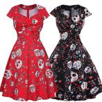 Skulls jurk rode zwarte doodskop bloemen dames retro, Verzenden, Nieuw, Knielengte