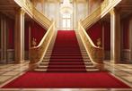 Gouden trap met rode loper 3D behang, Fotobehang4you, Verzenden, Minder dan 10 m², Trap, hal, villa, luxe trap, entree, halbehang