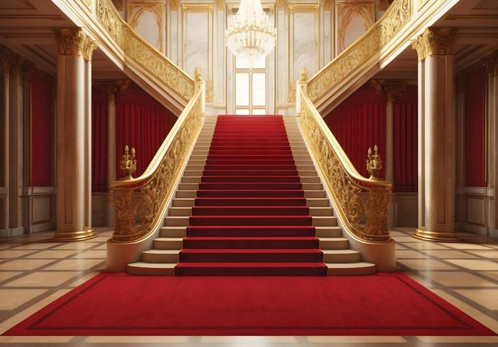 Gouden trap met rode loper 3D behang, Fotobehang4you, Huis en Inrichting, Stoffering | Behang, minder dan 10 m², Verzenden