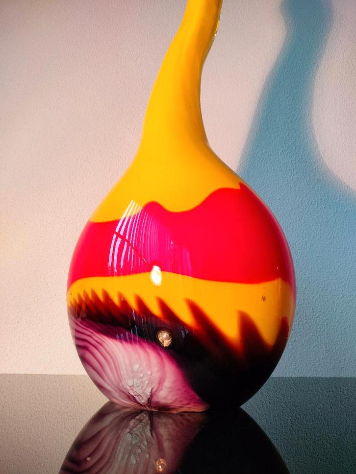 Italië Murano Design Glas Vaas Geel Rood Vintage 1970, Antiek en Kunst, Antiek | Glas en Kristal, Ophalen of Verzenden