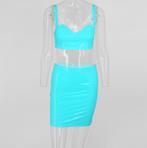 Blauwe lak leren rok en top setje leer glimmende sexy, Maat 38/40 (M), Blauw, Nieuw, Ophalen of Verzenden