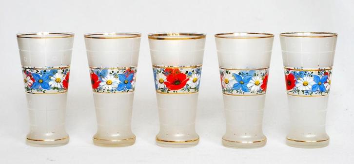 Vijf Longdrink glazen Emaille Florale beschildering, Antiek en Kunst, Antiek | Glas en Kristal, Ophalen of Verzenden