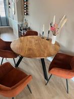 Ronde, mangohouten tafel met 4 stoelen te koop, Huis en Inrichting, Tafels | Eettafels, Ophalen, 100 tot 150 cm, Rond, Zo goed als nieuw