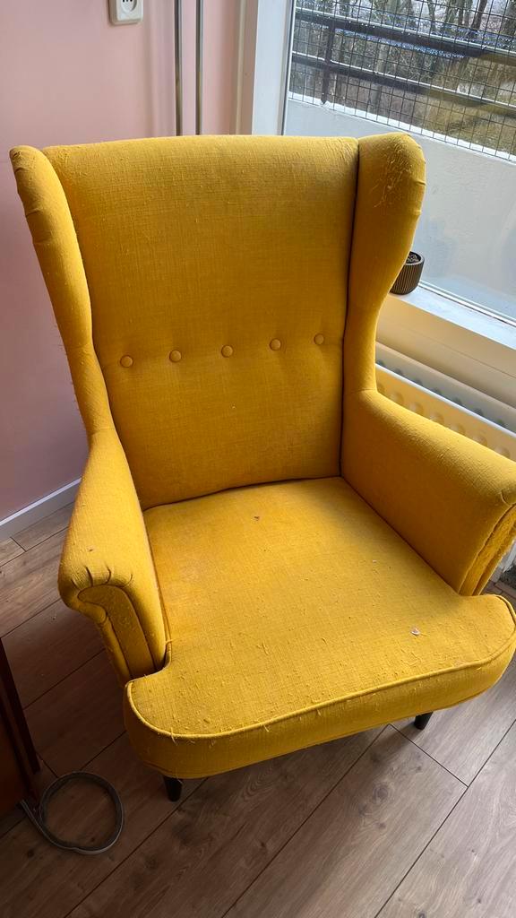 GRATIS Gele Fauteuil Strandmom - Comfortabel en Stijlvol, Huis en Inrichting, Fauteuils, Gebruikt, Stof, 75 tot 100 cm, Ophalen of Verzenden