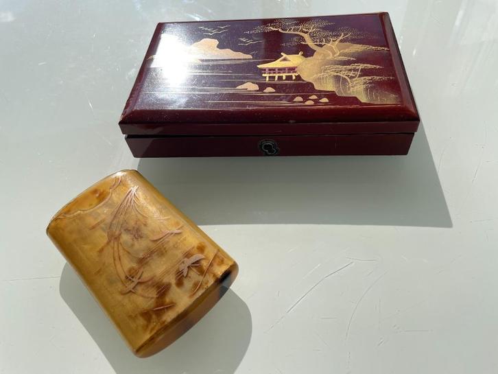 Japans schildpad-geschubd sigarenetui en houten lakdoosje, Antiek en Kunst, Curiosa en Brocante, Ophalen