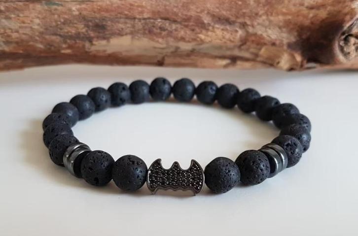 Handmade Heren Batman Armband Lava - Hematiet 🦇🦇🦇, Sieraden, Tassen en Uiterlijk, Armbanden, Nieuw, Elastiek, Zwart, Met bedels of kralen