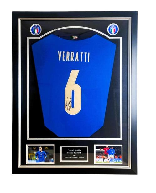 Marco Verratti Italië 2020-21Gesigneerd Ingelijst Shirt, Verzamelen, Sportartikelen en Voetbal, Nieuw, Shirt, Buitenlandse clubs