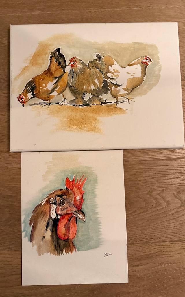 Kippen Schilderijtjes Olieverf - Set van 2, Antiek en Kunst, Kunst | Schilderijen | Klassiek, Ophalen