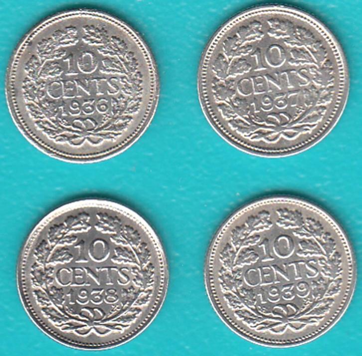 Nederland 10 cent 1936, 1937, 1938 + 1939 Wilhelmina zilver, Postzegels en Munten, Munten | Nederland, Setje, 10 cent, Koningin Wilhelmina