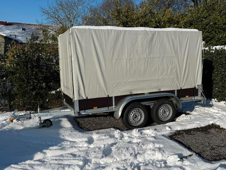 Aanhangwagen dubbelasser met huif in nieuwstaat - ongeremd, Auto diversen, Aanhangers en Bagagewagens, Zo goed als nieuw, Ophalen