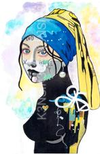 Girl with the pearl Moderne,abstracte,Expressief mixedmedia, Antiek en Kunst, Kunst | Litho's en Zeefdrukken, Ophalen of Verzenden