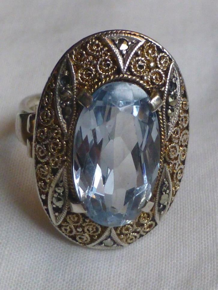 THEODOR FAHRNER Zilveren Ring Aquamarijn Marcesiet, Sieraden, Tassen en Uiterlijk, Antieke sieraden, Ring, Zilver, Met edelsteen