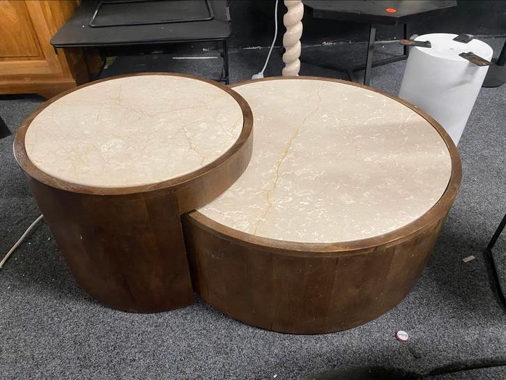 Salontafel set beige echt marmer met mango hout, Huis en Inrichting, Tafels | Salontafels, Nieuw, Minder dan 50 cm, 50 tot 100 cm
