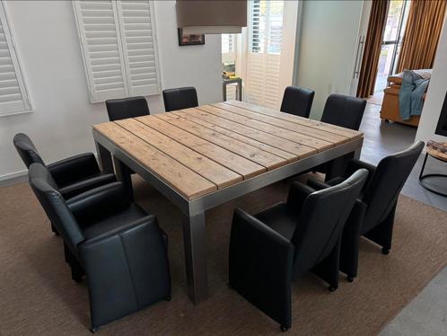 Industriële RVS eettafel 170 cmx170 cm incl.8 leren stoelen., Huis en Inrichting, Tafels | Eettafels, Zo goed als nieuw, 50 tot 100 cm