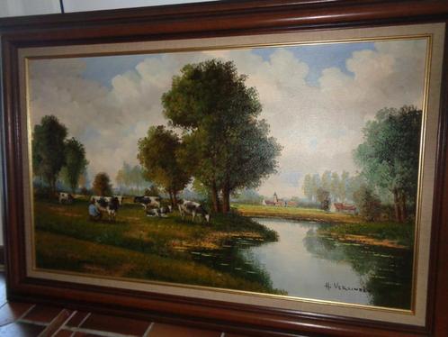 Groot prachtig gesigneerd schilderij-Koeien melken op de wei, Antiek en Kunst, Kunst | Schilderijen | Klassiek, Ophalen