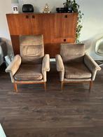 Twee mokka bruine vintage fauteuils - jaren '60/'70, Huis en Inrichting, Fauteuils, Ophalen, Gebruikt, 75 tot 100 cm, Stof