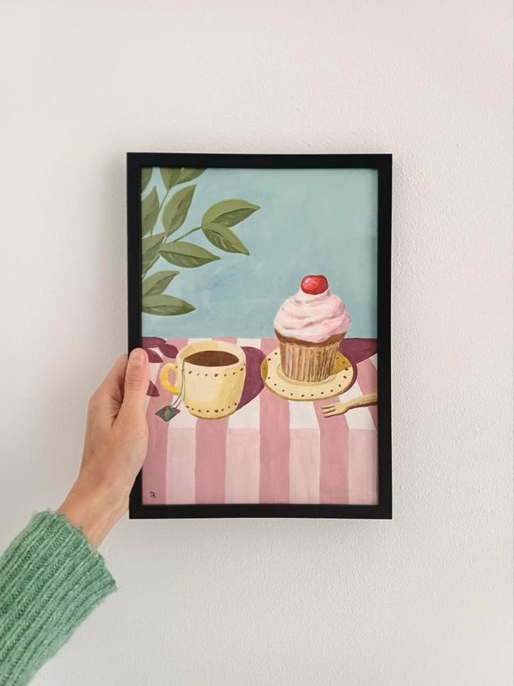 Modern stilleven schilderij van cupcake, kopje thee en plant, Antiek en Kunst, Kunst | Schilderijen | Modern, Ophalen of Verzenden