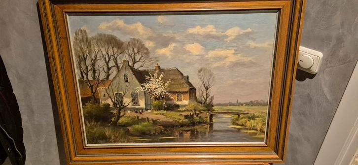 Schilderij: Boerderij aan het water w.j.Pasman olieverf, Antiek en Kunst, Kunst | Schilderijen | Klassiek, Ophalen of Verzenden