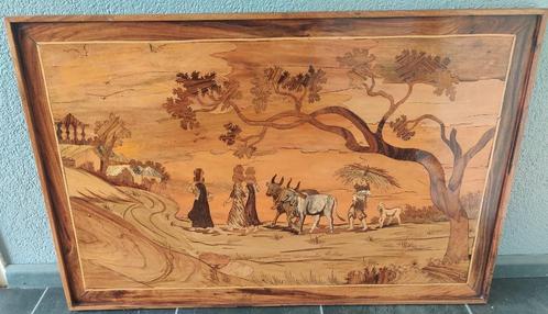 Vintage ingelegd houten paneel landschap met boerderij, Antiek en Kunst, Kunst | Beelden en Houtsnijwerken, Ophalen
