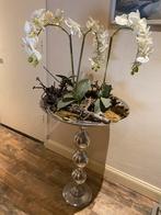 Chrome vaas / schaal met zijden bloemenbloemen, Minder dan 50 cm, Glas, Zo goed als nieuw, Ophalen