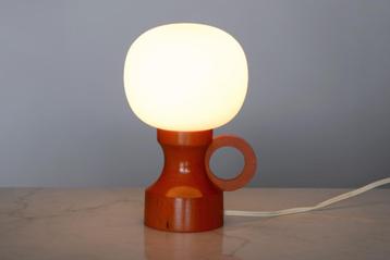 ✅ Tafellamp hout glas oranje wit SEVENTIES retro ca. 1970 beschikbaar voor biedingen