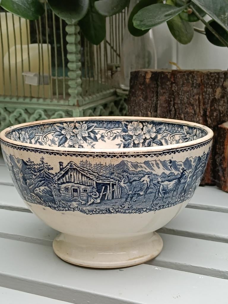 Hele grote antieke spoelkom met blauw decor, Ophalen of Verzenden