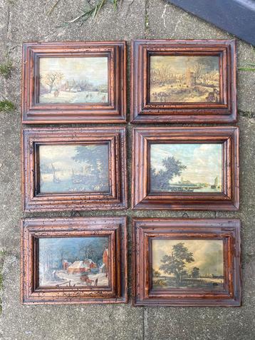 Zes schilderijtjes in houten lijstjes beschikbaar voor biedingen