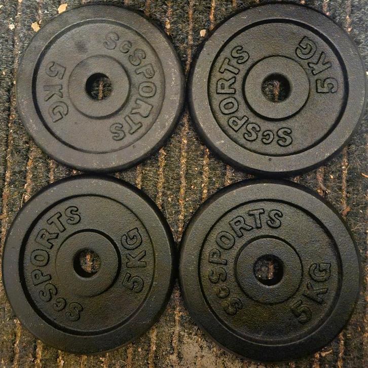 4x 5kg Gietijzeren Halterschijven 30mm ScSPORTS, Sport en Fitness, Fitnessmaterialen, Gebruikt, Halterschijven, Armen, Benen, Borst