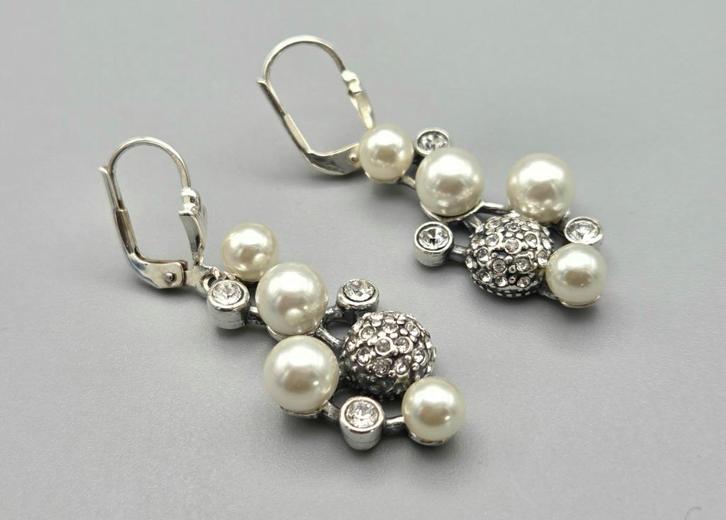 Zilveren Art Deco Oorbellen met Parel en Swarovski. 2025/531, Sieraden, Tassen en Uiterlijk, Antieke sieraden, Oorbellen, Zilver