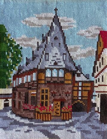 Borduurwerk, zijde, huis, vakwerkhuis, dorp, vintage beschikbaar voor biedingen
