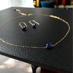 Setje oorbellen + ketting met hangers saffier 18K geel goud, Blauw, Nieuw, Ophalen of Verzenden, Verstelbaar