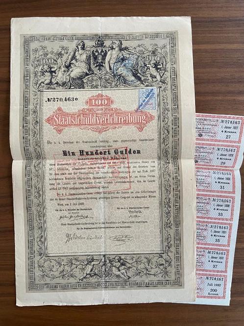 Oostenrijkse Staats-Schuldverschrijving met registratiezegel, Postzegels en Munten, Aandelen en Waardepapieren, Aandeel, Voor 1920