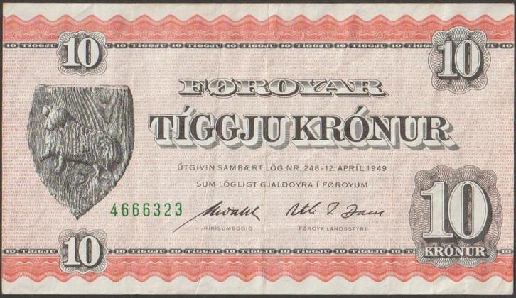 Faeroe Islands 10 kronur ND(1954) gebruikt p.15d (nr 23), Postzegels en Munten, Bankbiljetten | Europa | Niet-Eurobiljetten, Los biljet