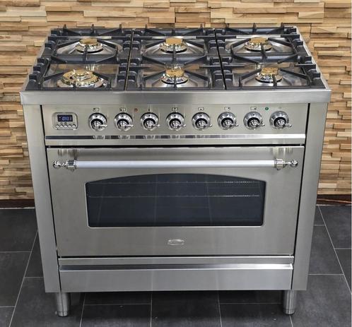 Luxe Fornuis Boretti 90cm rvs + rvs 6 pits 1 oven, Witgoed en Apparatuur, Fornuizen, Zo goed als nieuw, Vrijstaand, Gas, 5 kookzones of meer