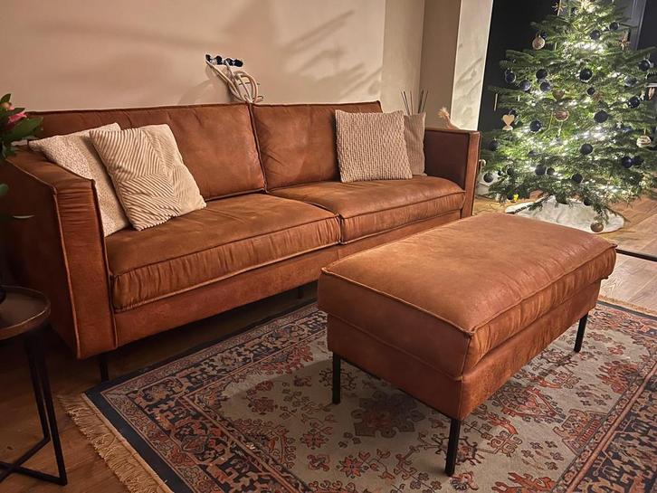 Microleder Bankstel met Poef, Huis en Inrichting, Banken | Bankstellen, Zo goed als nieuw, Rechte bank, Driepersoons, 200 tot 250 cm