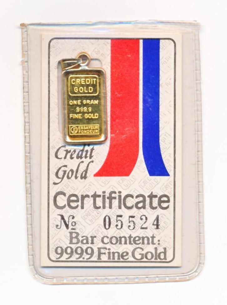 Goudbaar 1 gram goud in hanger, Postzegels en Munten, Edelmetalen en Baren, Goud, Ophalen of Verzenden